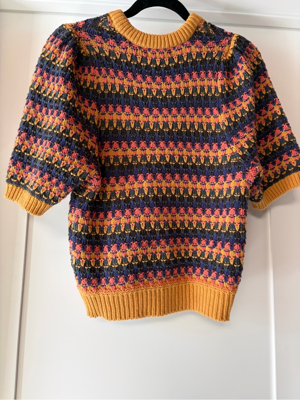 Short Sleeve Striped Knit Sweater in Mustard, Navy & Pink